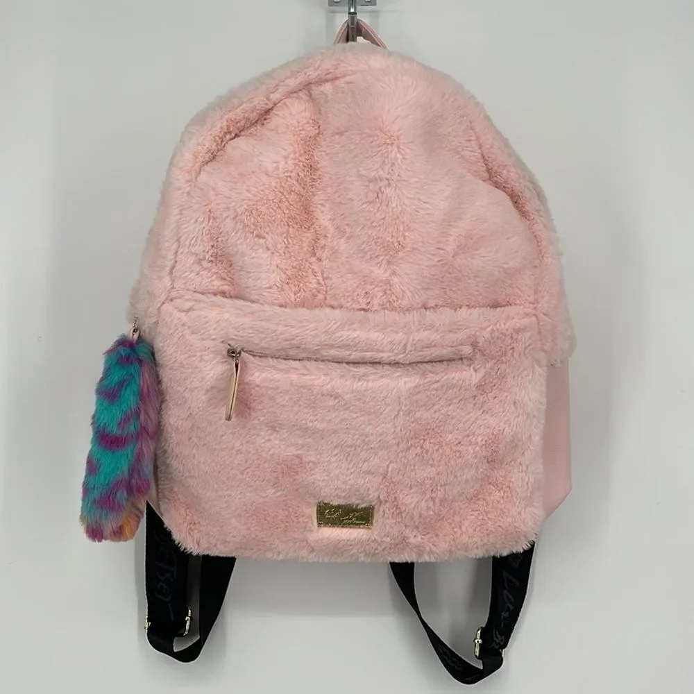 Betsey Johnson Hooded Rabbit School Travel Backpack Pink EUC Adorable Fury Bunny